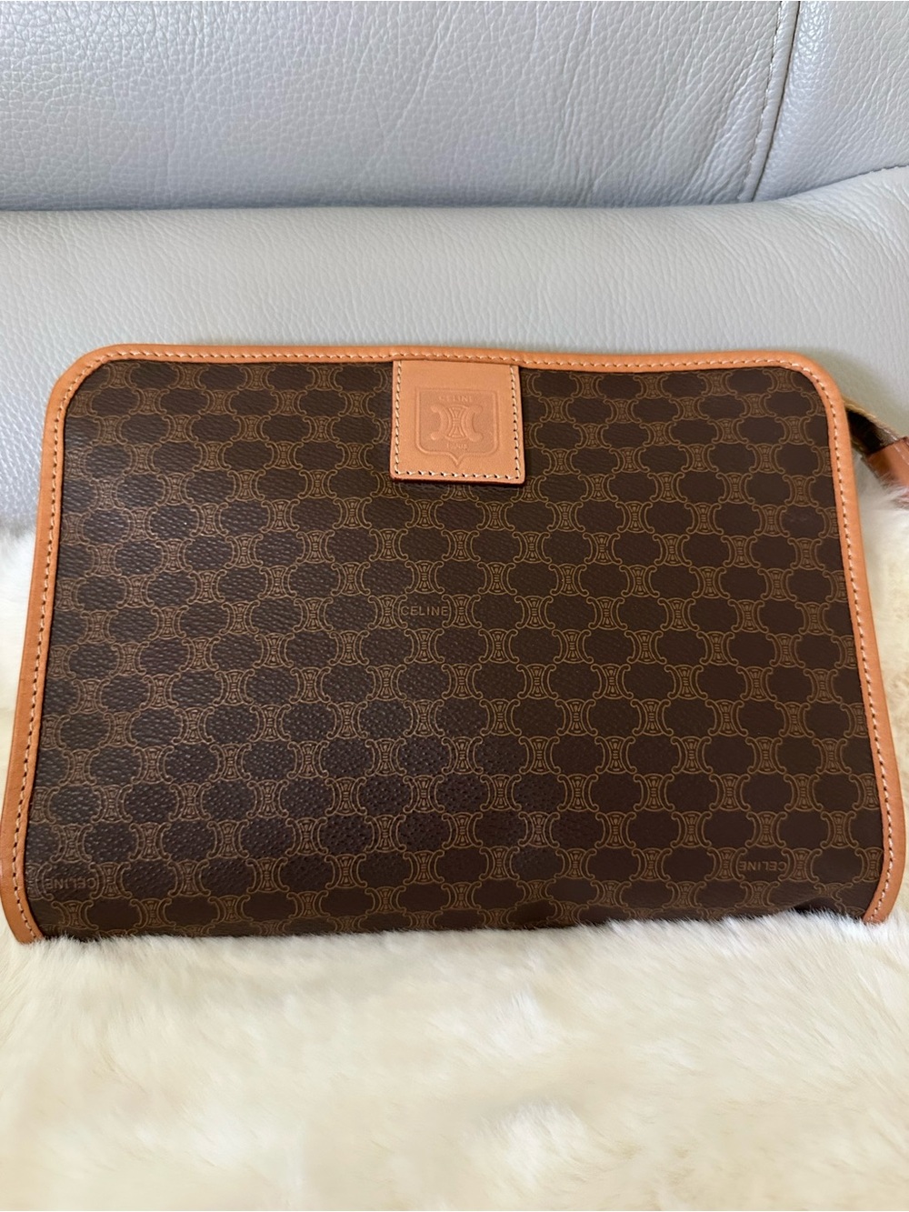 Celine Brown Monogram Canvas Toiletry Pouch with Tan Trim